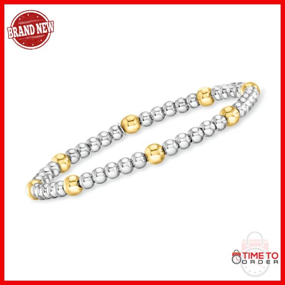 Sterling Silver Gold Overlay Bead Stretch Bracelet 7 Inch Women's Jewelry